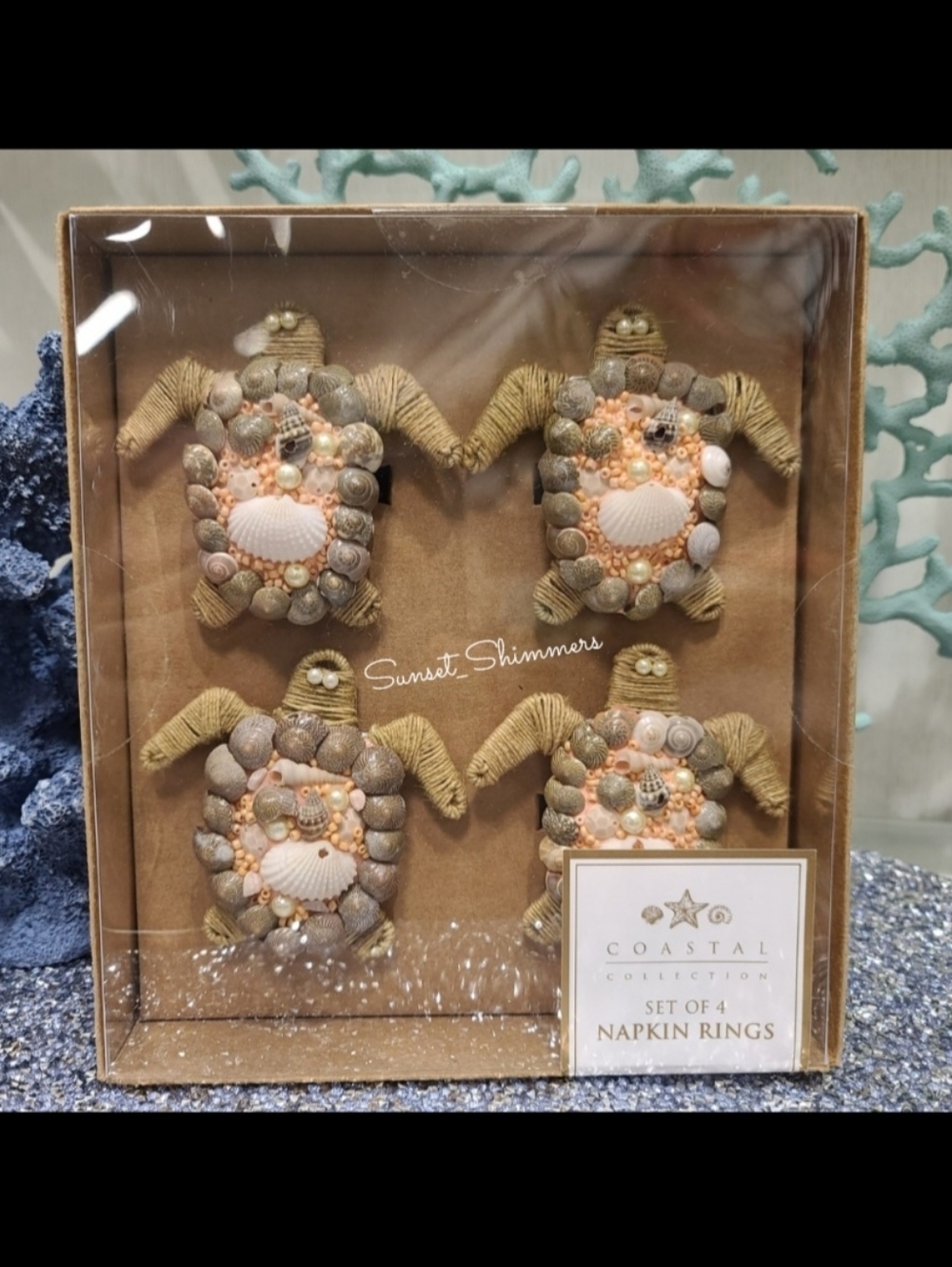 ×4 Coastal Collection Beaded Sea Turtle Seashell Napking Ring Set NEW